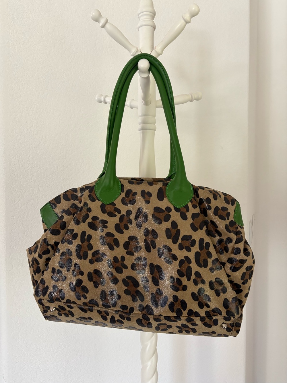Maurizio Taiuti Leopard Print Tote with Green Handles